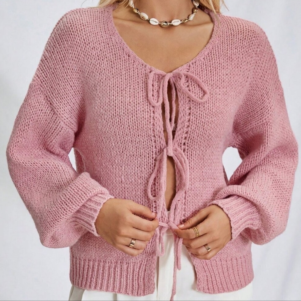 Pink Casual Women's Tie Front Belt Solid Blush Color Knitwear Sweater Cardigan - Picture 1 of 6